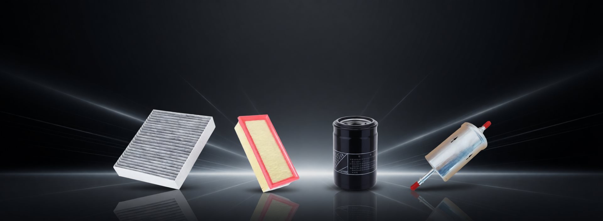 Goldshiny Auto Parts filter lineup — cabin filter, air filter, oil filter, fuel filter